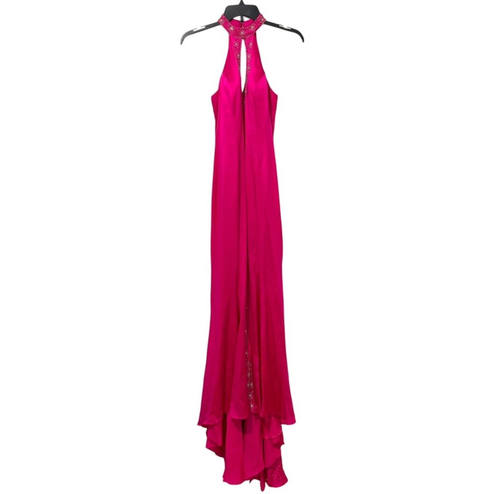 Y2K Jovani 4 Hot Pink Silver Sequin Silk Halter Neck Formal Maxi Dress Cut Out